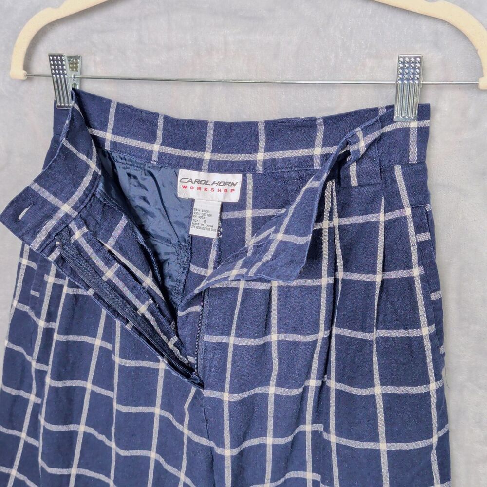 Vintage Blue Check Linen Blend Shorts Size 6 High Waisted 90s Preppy Nautical - Picture 6 of 7